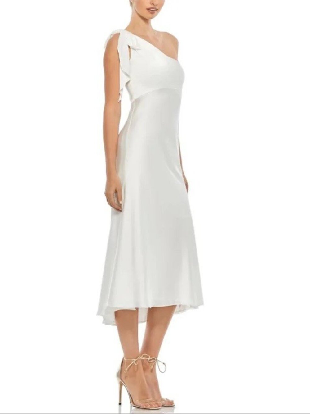 Mac Duggal Size 8 White 55387 One-Shouder Bow Satin Midi A-Line Dress Bridal 